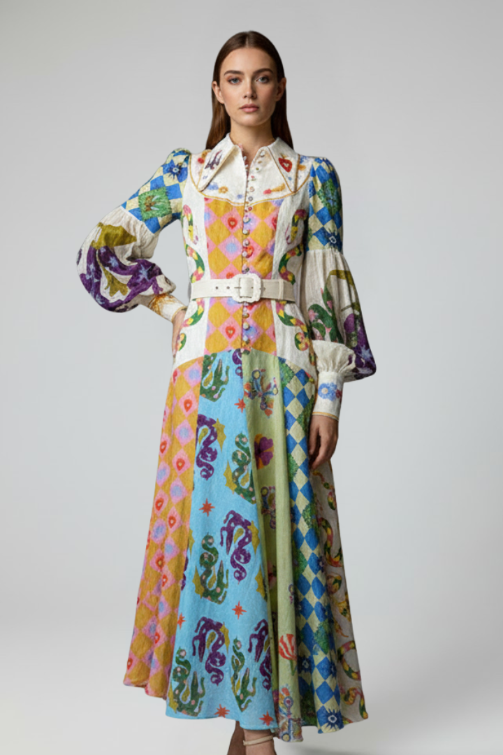 Women's Printed Maxi Dress with V-Neck for Garden Parties