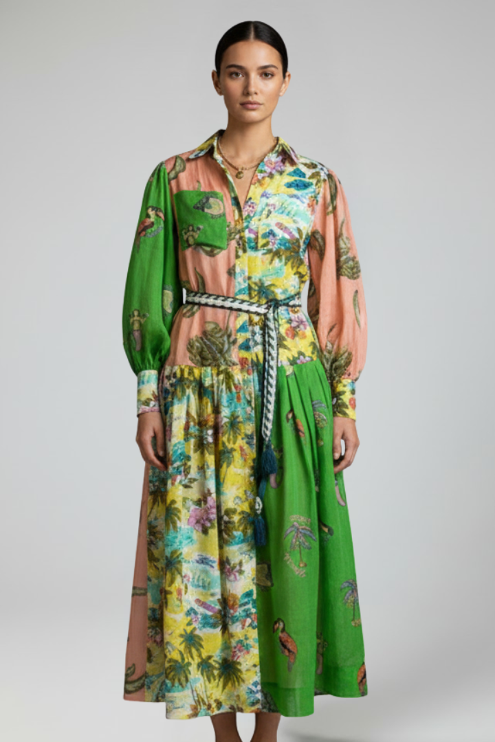 Women's Printed Maxi Dress with V-Neck for Garden Parties