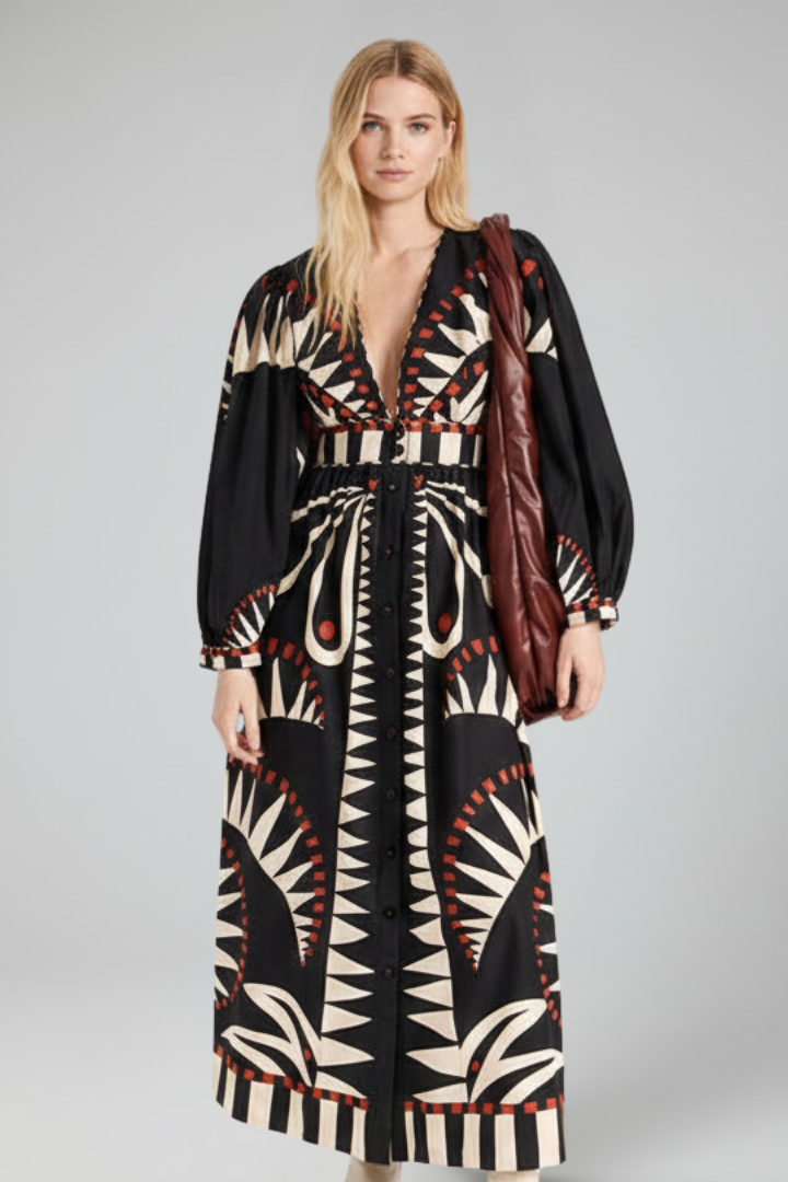Women's Printed Maxi Dress with V-Neck for Garden Parties