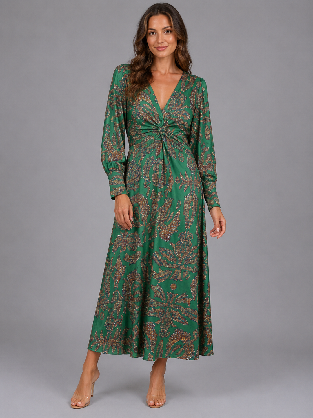 Women’s Printed Midi Dress with Knot-Front Waist