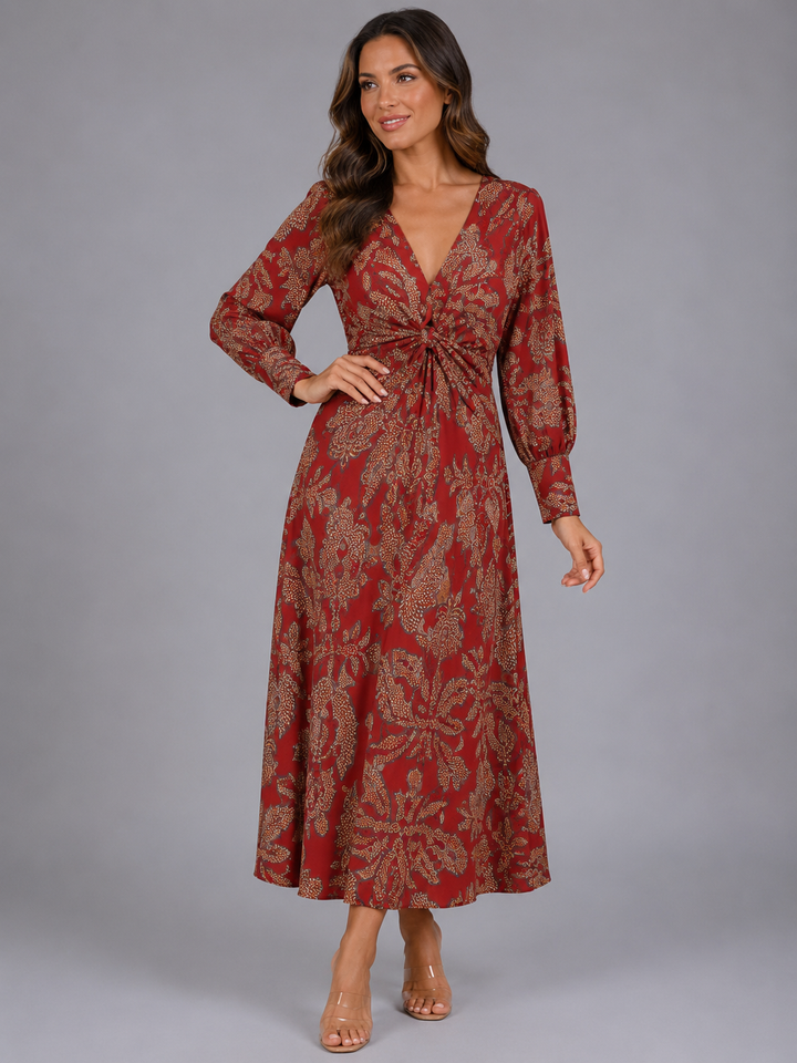 Women’s Printed Midi Dress with Knot-Front Waist