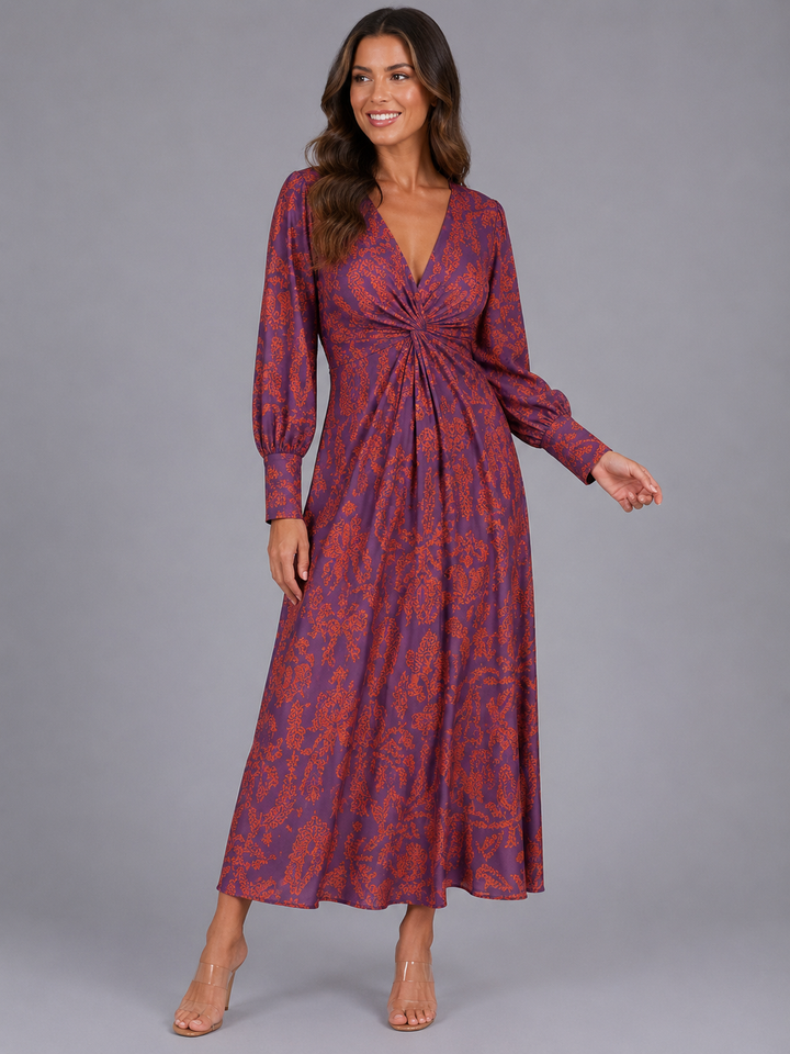 Women’s Printed Midi Dress with Knot-Front Waist