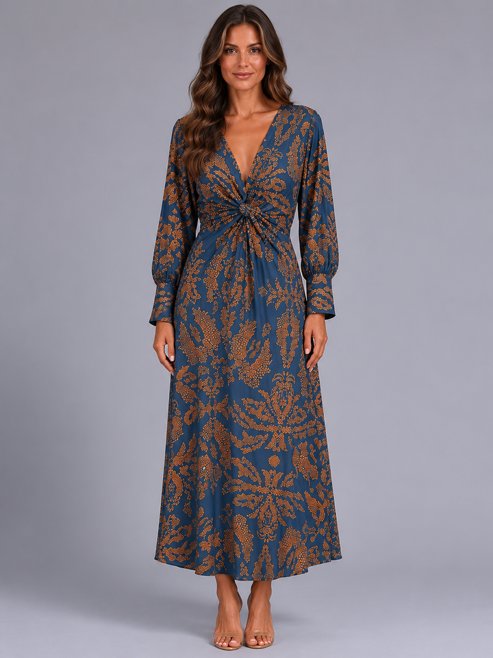 Women’s Printed Midi Dress with Knot-Front Waist