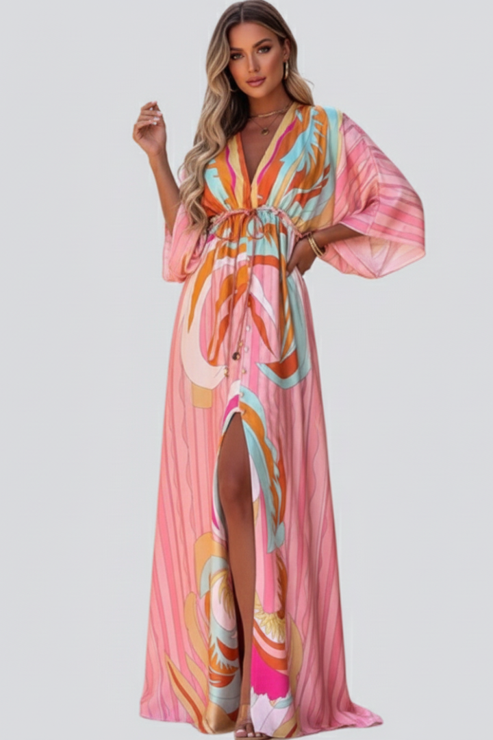 Women's Printed V-Neck Maxi Dress with Belted Waist for Holidays