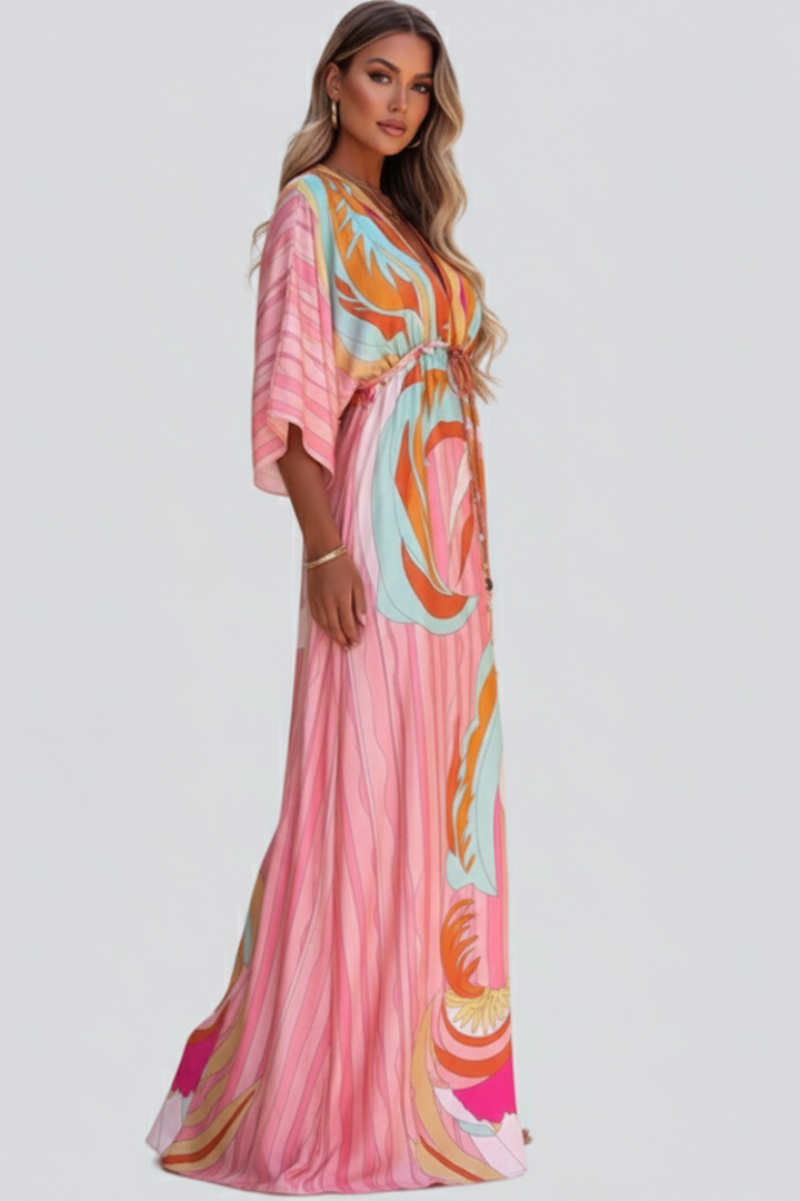 Women's Printed V-Neck Maxi Dress with Belted Waist for Holidays