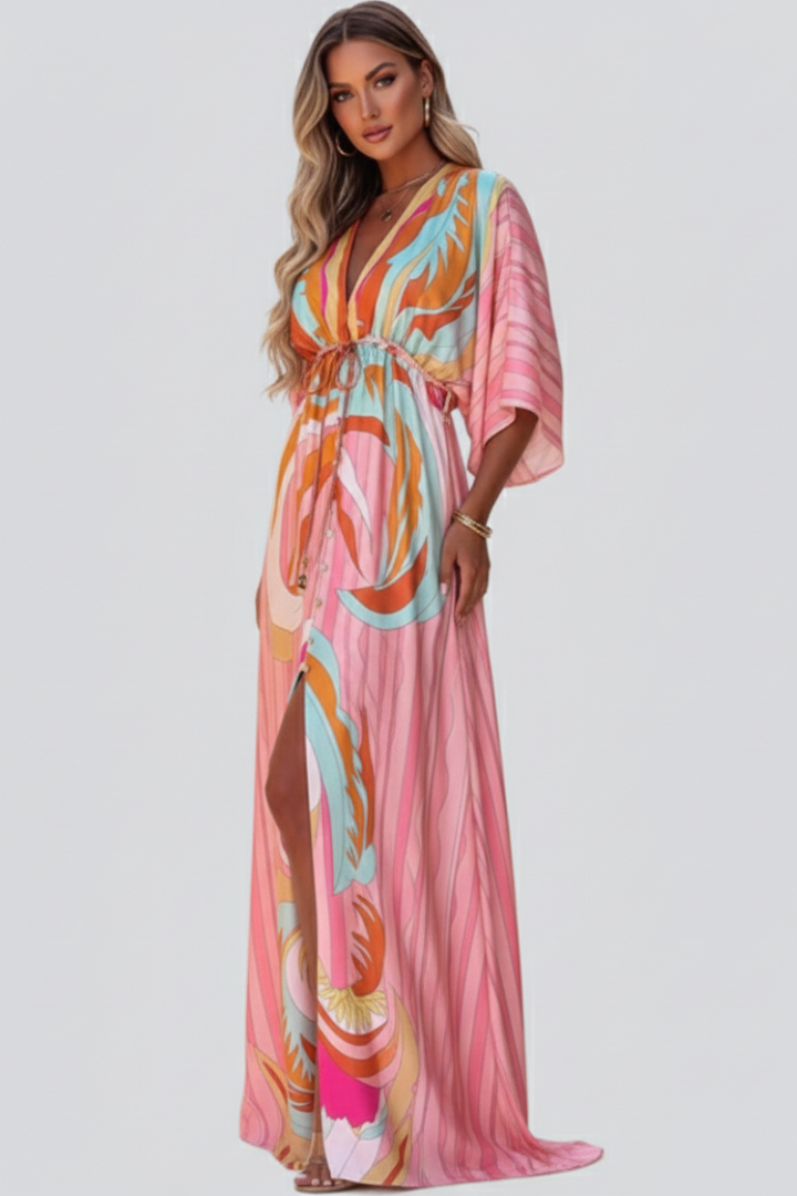 Women's Printed V-Neck Maxi Dress with Belted Waist for Holidays
