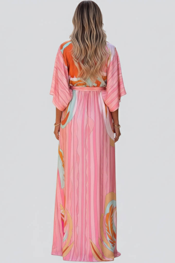 Women's Printed V-Neck Maxi Dress with Belted Waist for Holidays