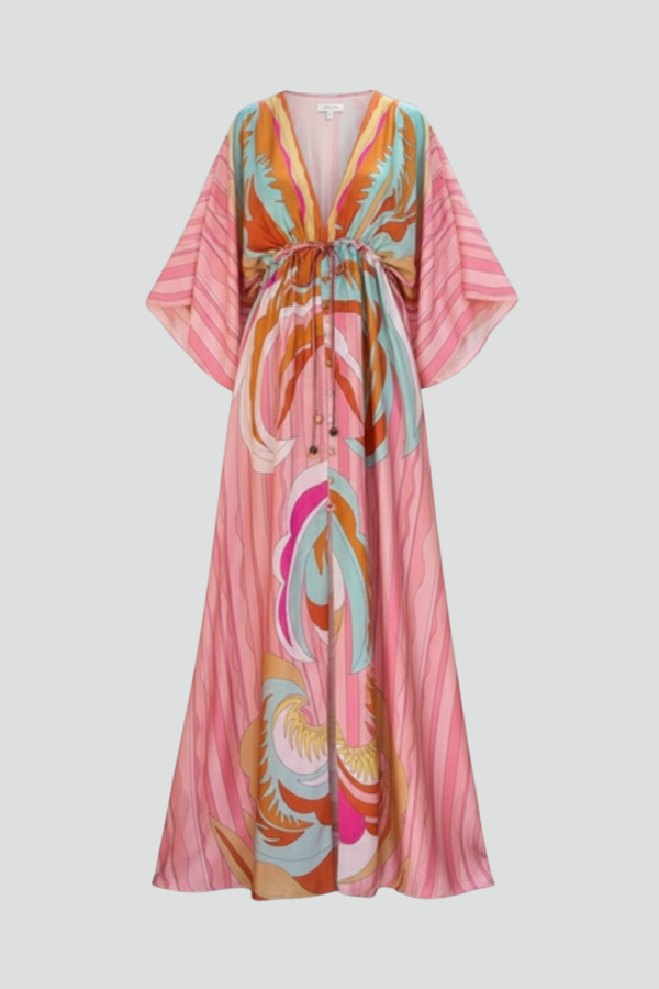 Women's Printed V-Neck Maxi Dress with Belted Waist for Holidays