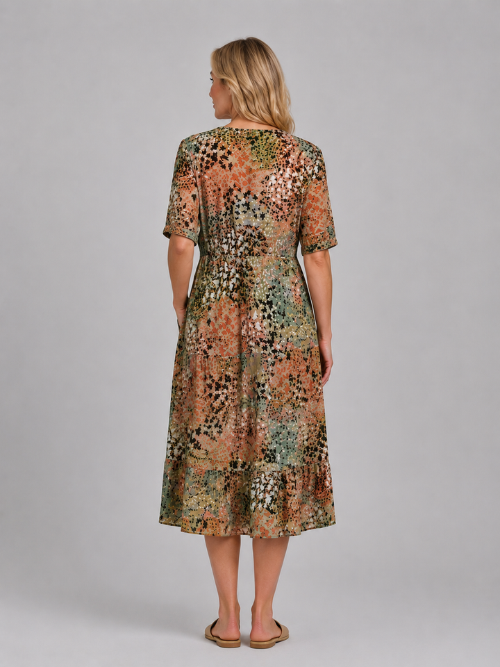 Women’s Printed V-Neck Midi Dress with Pockets