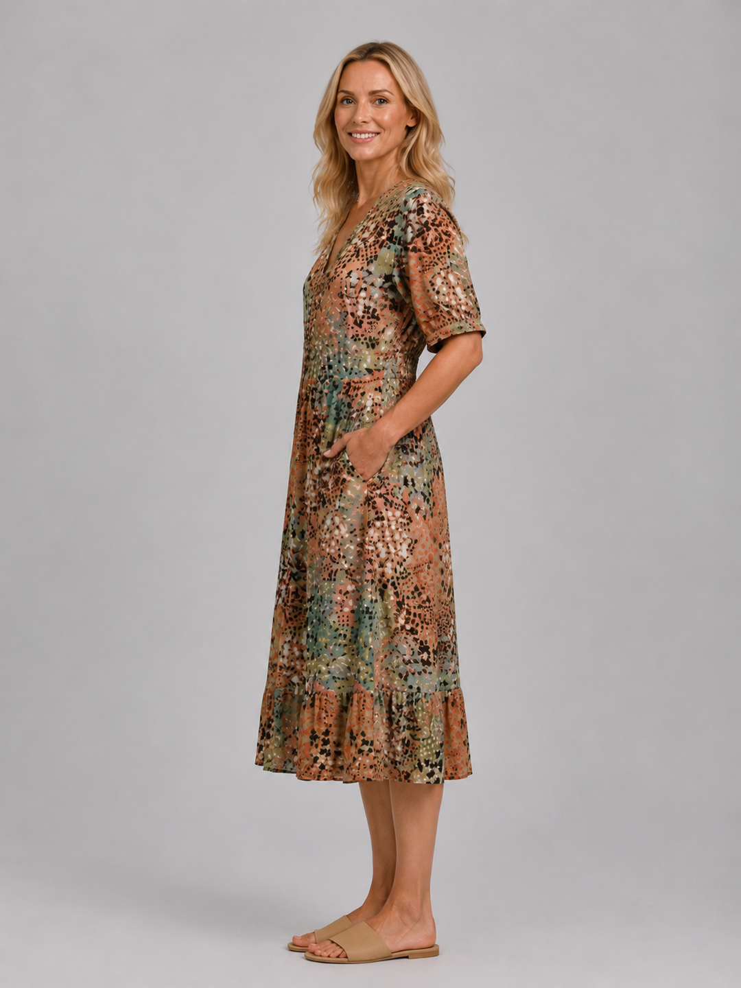 Women’s Printed V-Neck Midi Dress with Pockets
