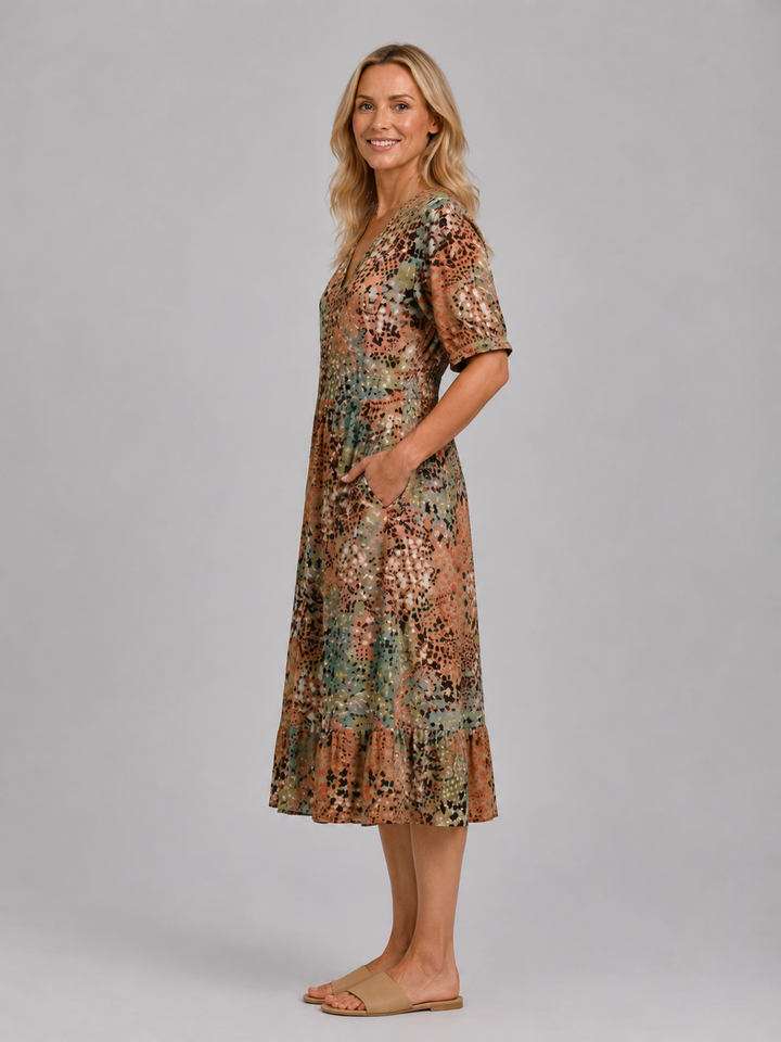 Women’s Printed V-Neck Midi Dress with Pockets