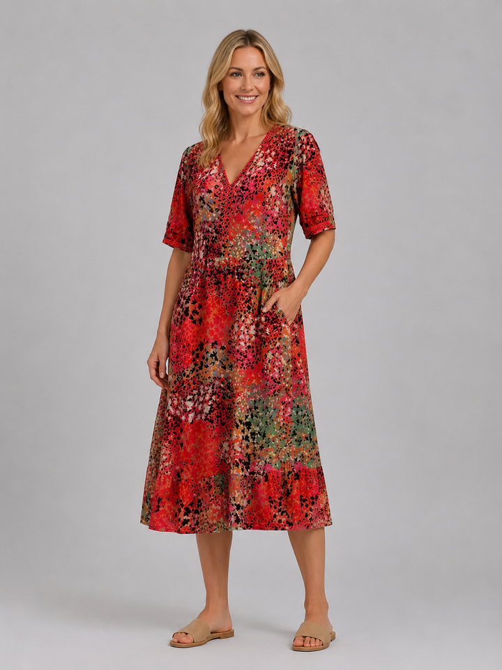 Women’s Printed V-Neck Midi Dress with Pockets