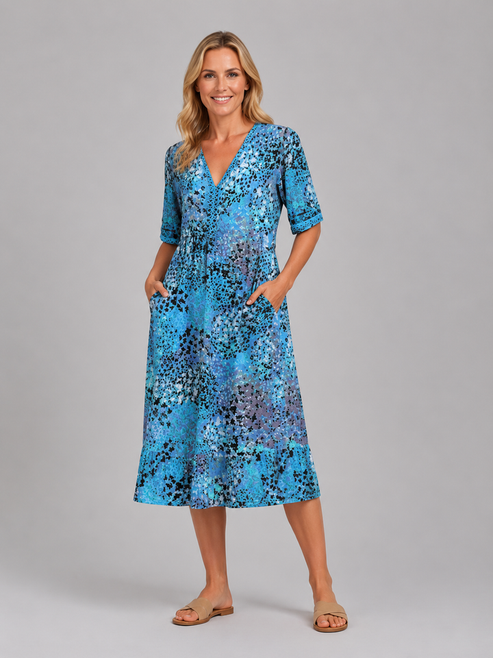 Women’s Printed V-Neck Midi Dress with Pockets