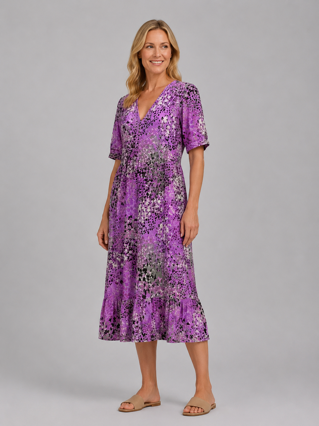 Women’s Printed V-Neck Midi Dress with Pockets