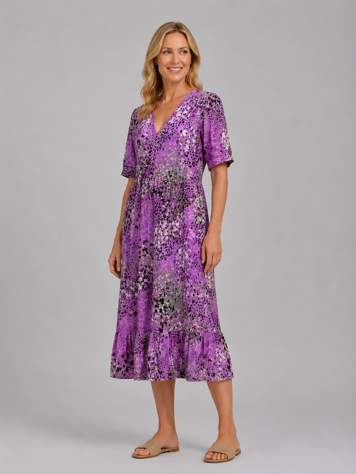 Women’s Printed V-Neck Midi Dress with Pockets