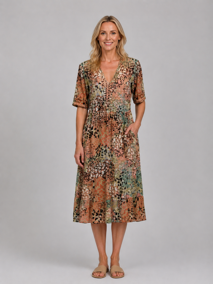 Women’s Printed V-Neck Midi Dress with Pockets