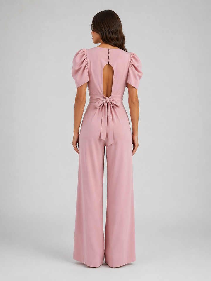 Women’s Puff Sleeve Jumpsuit with Open-Back Bow