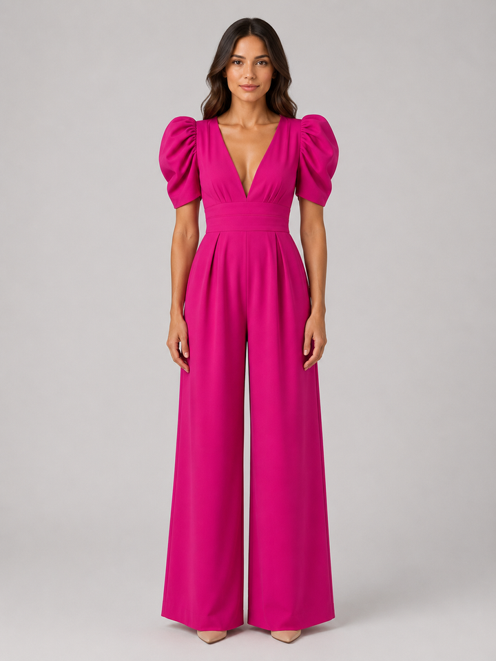Women’s Puff Sleeve Jumpsuit with Open-Back Bow