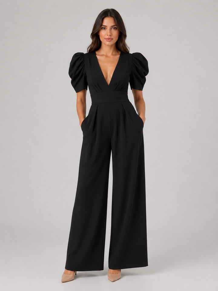 Women’s Puff Sleeve Jumpsuit with Open-Back Bow