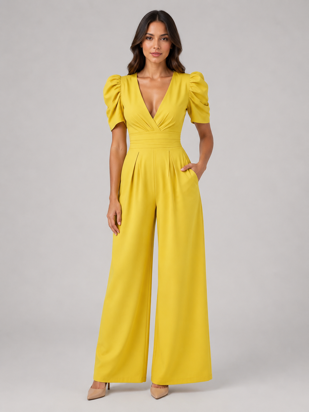 Women’s Puff Sleeve Jumpsuit with Open-Back Bow