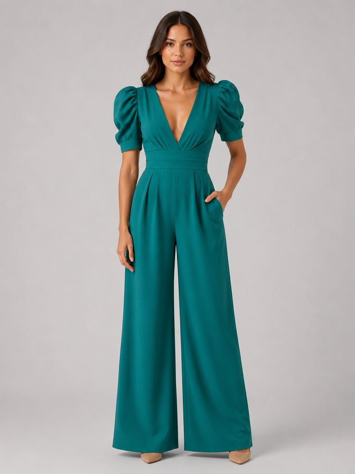 Women’s Puff Sleeve Jumpsuit with Open-Back Bow