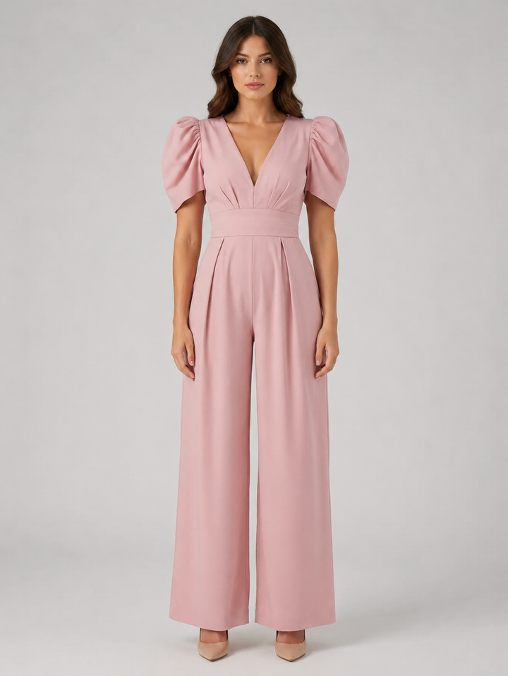 Women’s Puff Sleeve Jumpsuit with Open-Back Bow