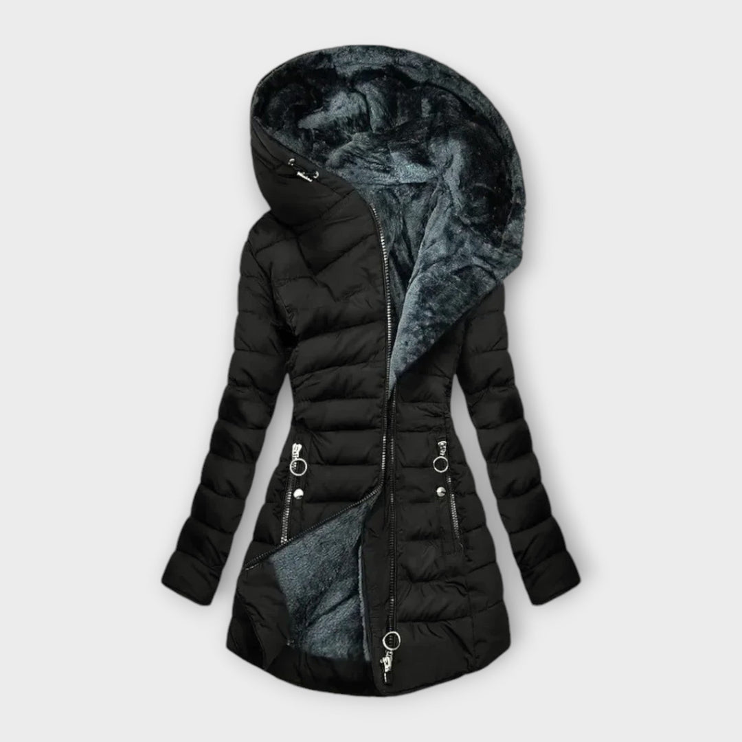 Women's Puffer Jacket with Fur-Lined Hood for Winter