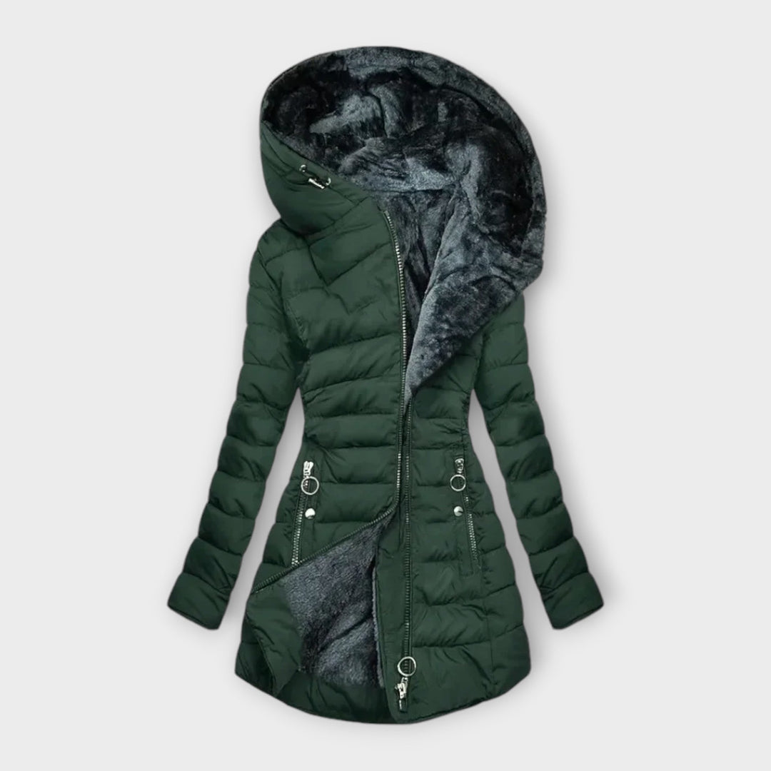 Women's Puffer Jacket with Fur-Lined Hood for Winter