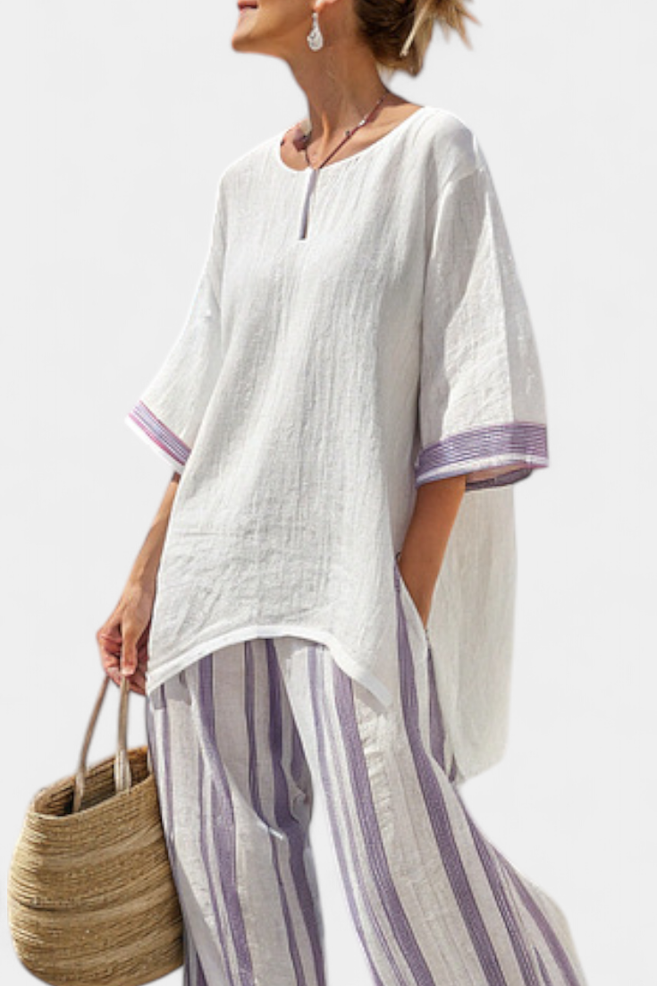 Women's Relaxed Blouse with Striped Trousers for Summer