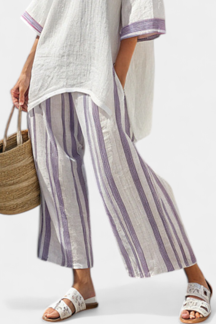 Women's Relaxed Blouse with Striped Trousers for Summer