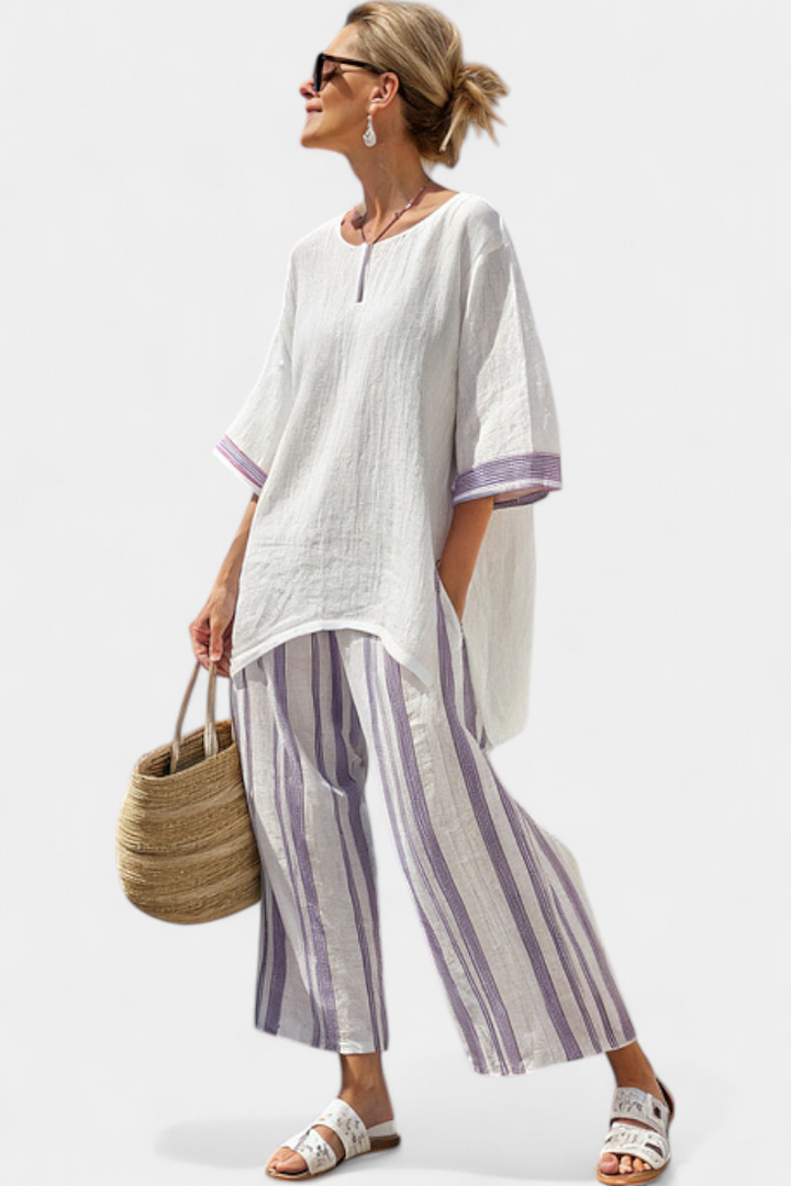 Women's Relaxed Blouse with Striped Trousers for Summer
