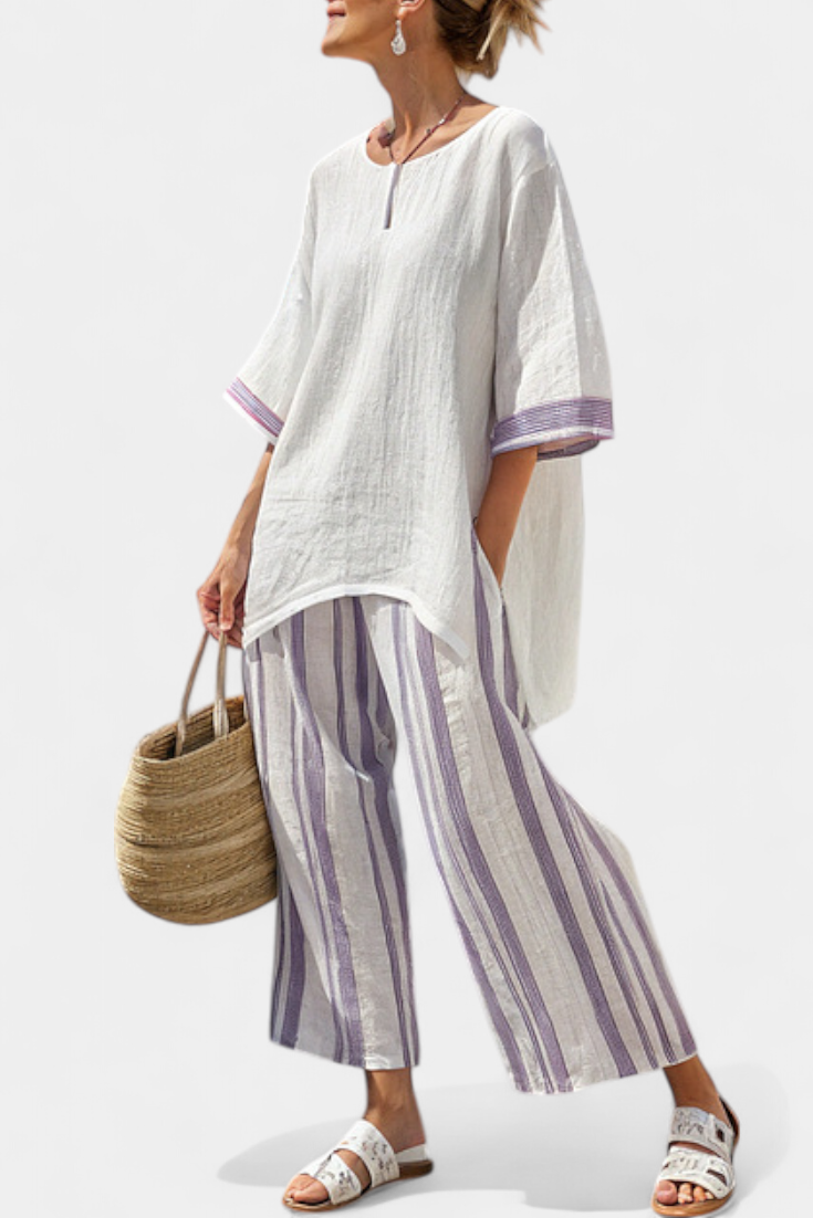 Women's Relaxed Blouse with Striped Trousers for Summer