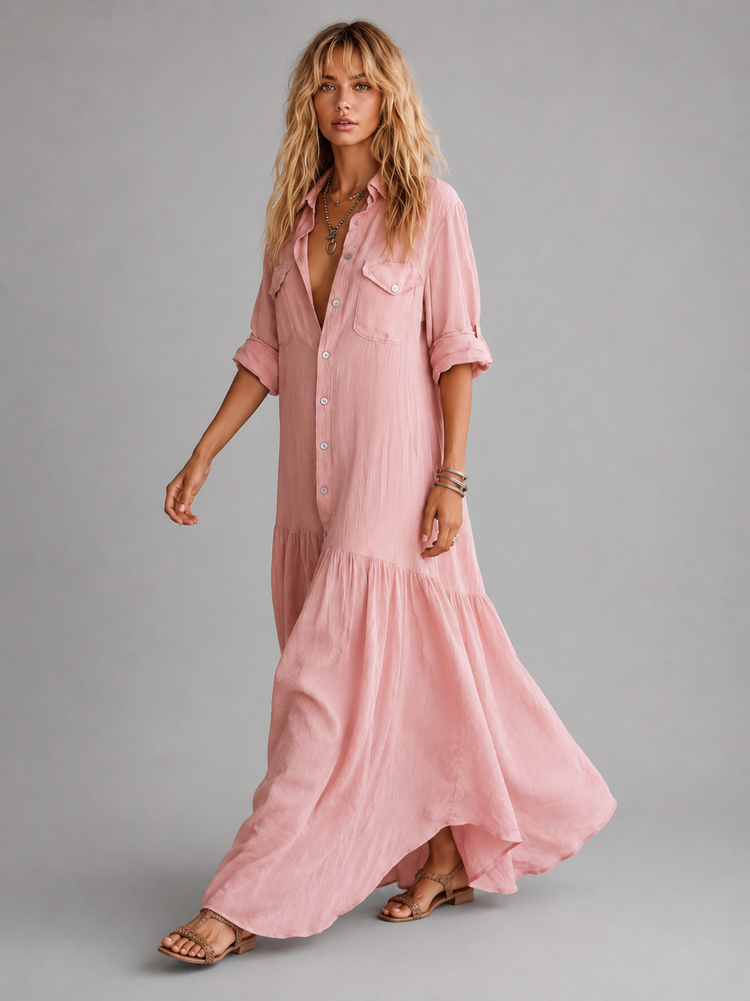 Women's Relaxed Maxi Dress with Button Front