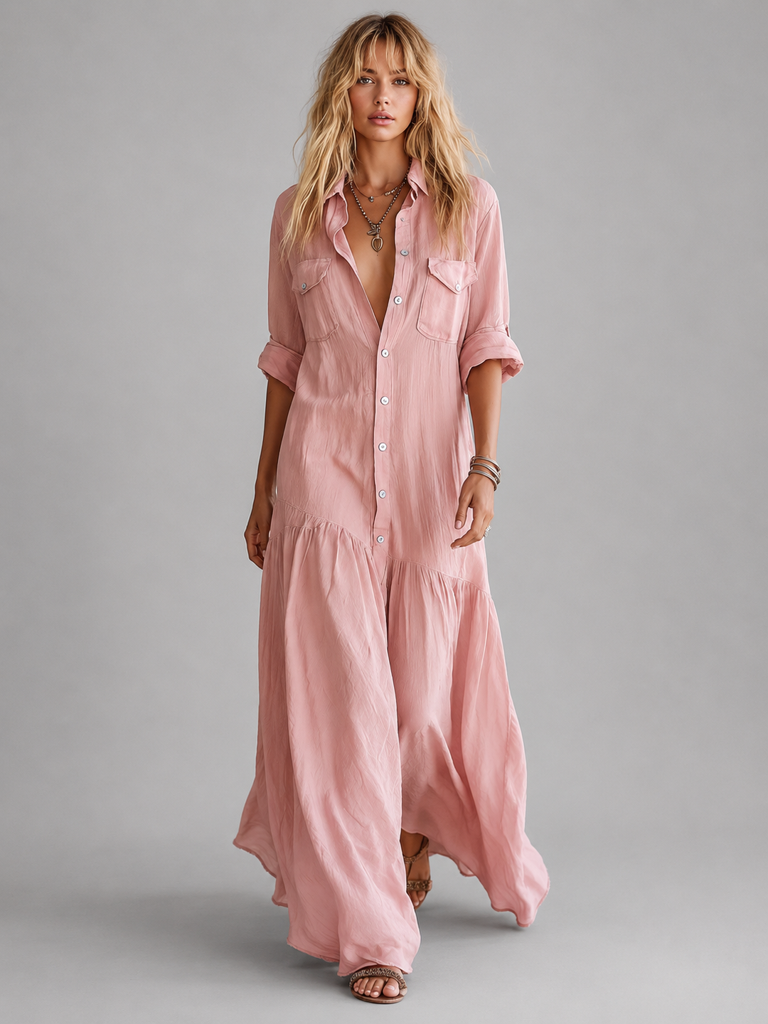 Women's Relaxed Maxi Dress with Button Front