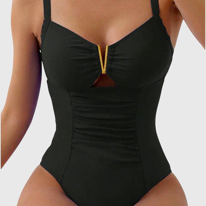 Women’s Ruched V-Neck Swimsuit with Gold Detail for Beach Days