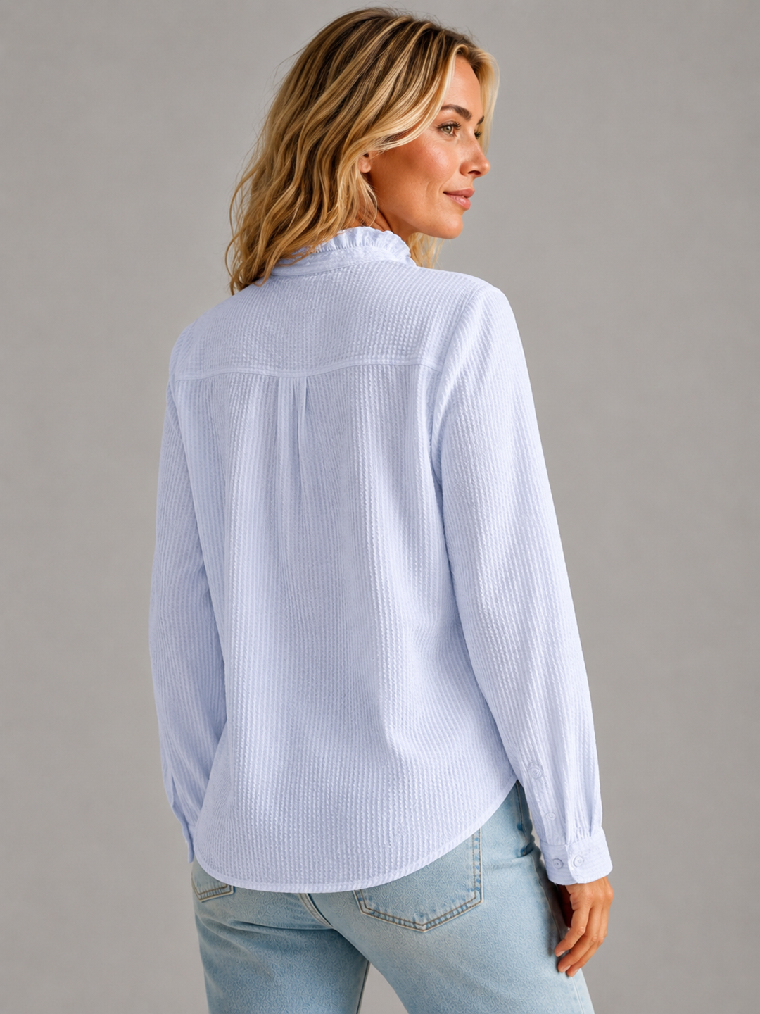 Women’s Ruffle Knit Blouse with Button-Up Front