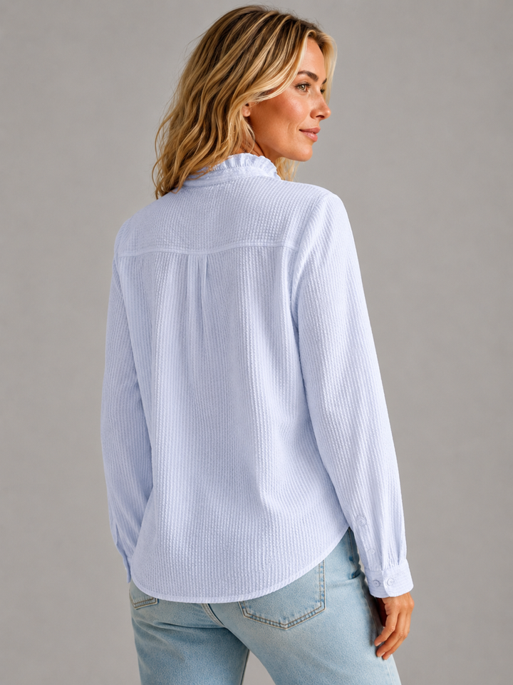 Women’s Ruffle Knit Blouse with Button-Up Front