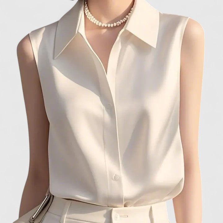 Women's Satin Blouse with Clean Collar for Layered Looks