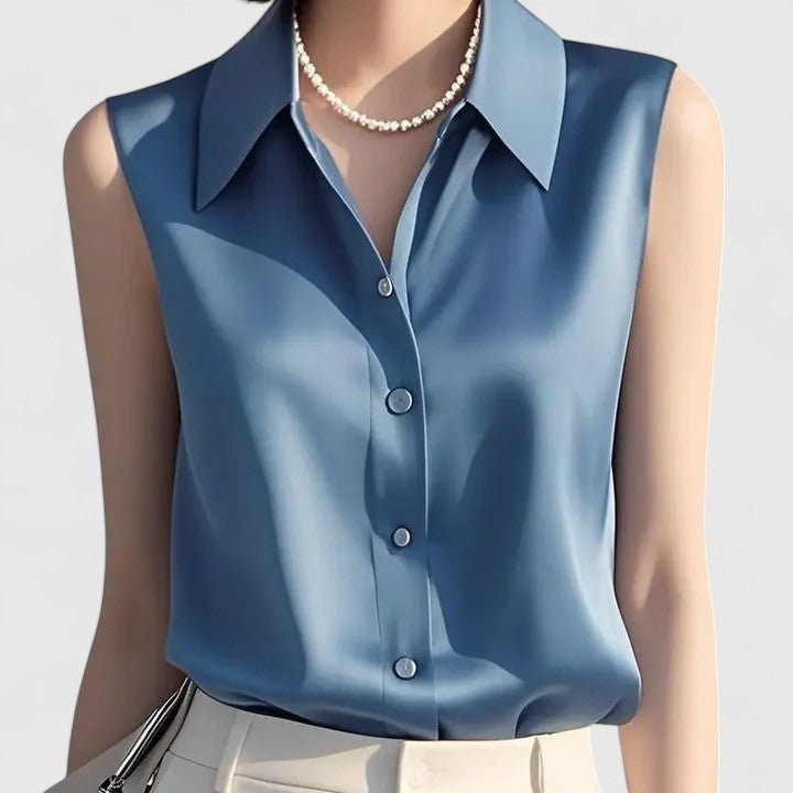 Women's Satin Blouse with Clean Collar for Layered Looks