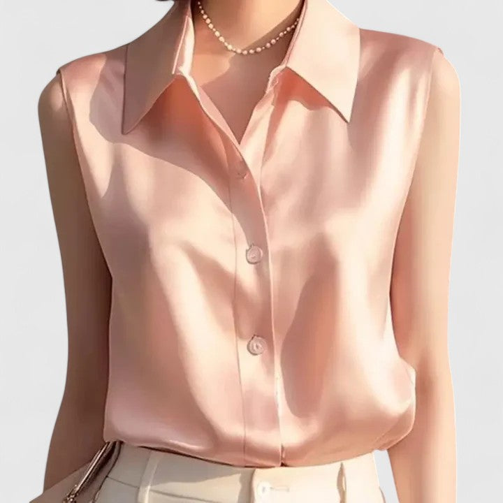 Women's Satin Blouse with Clean Collar for Layered Looks