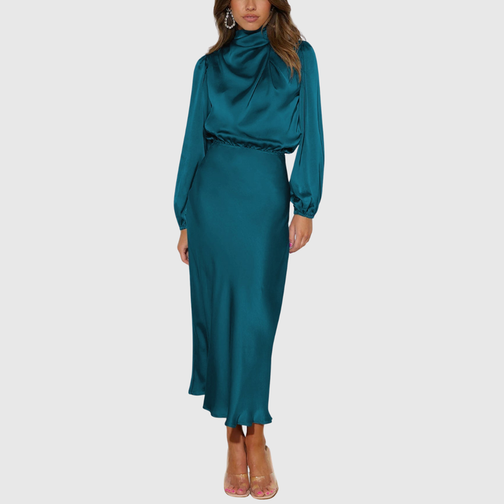 Women's Satin Maxi Dress with High-Neck Draping for Evening