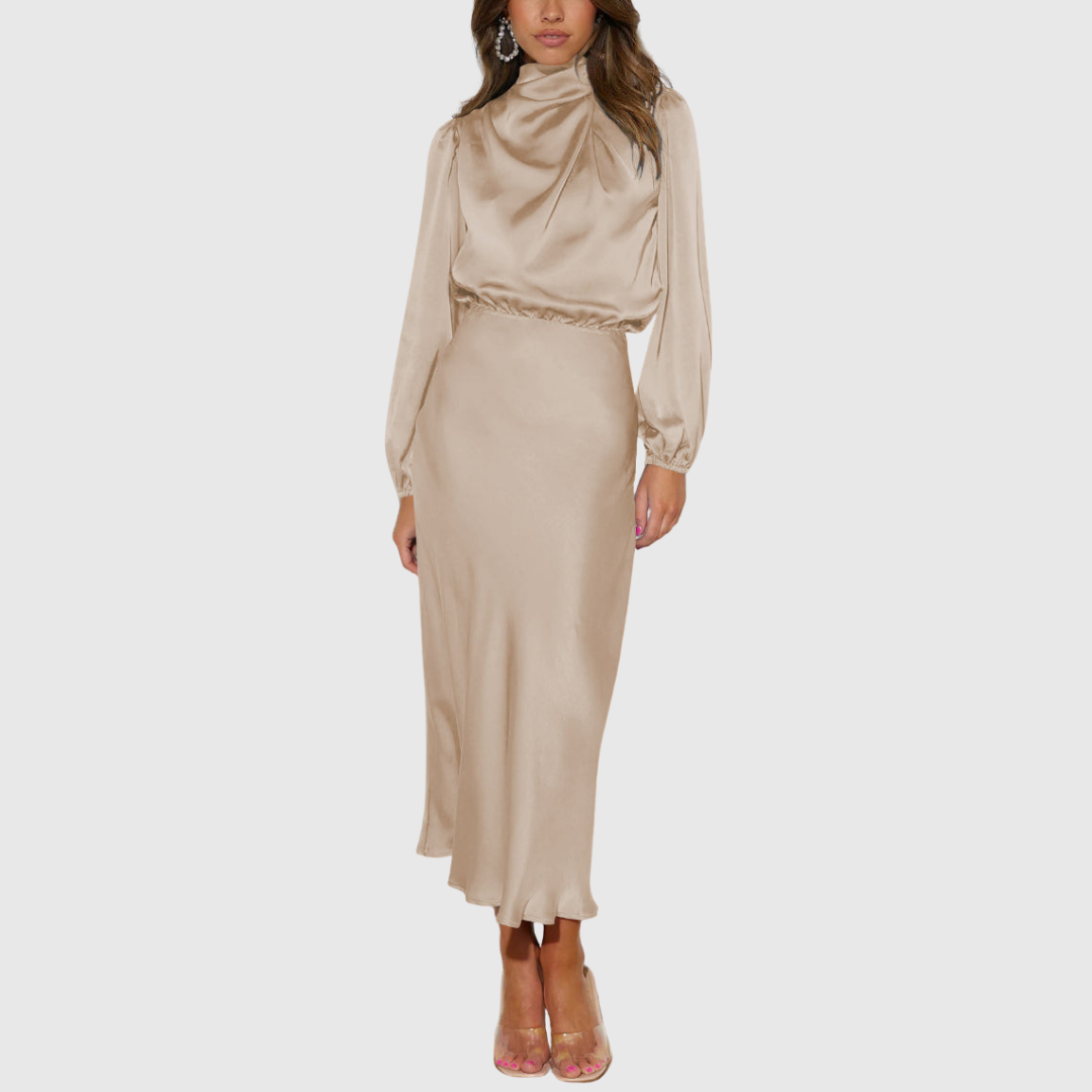 Women's Satin Maxi Dress with High-Neck Draping for Evening