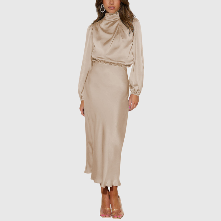 Women's Satin Maxi Dress with High-Neck Draping for Evening