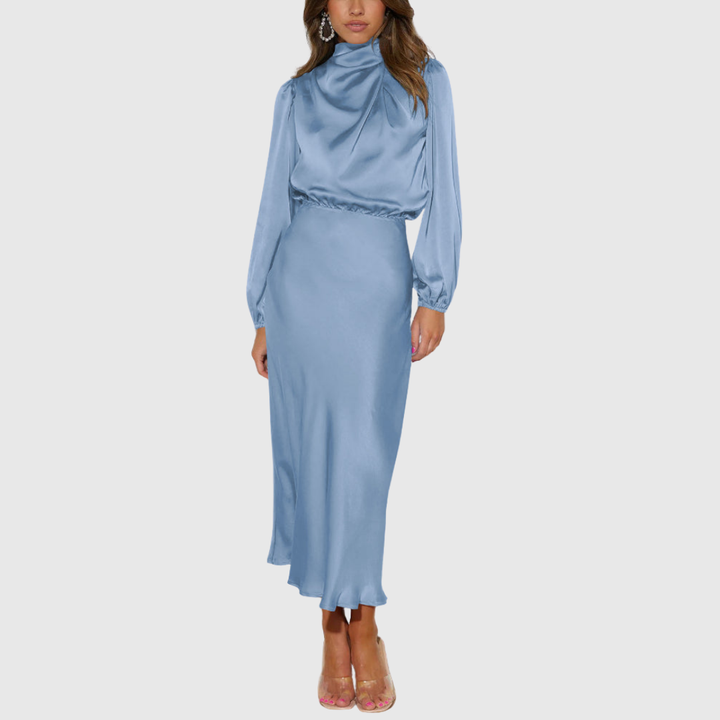 Women's Satin Maxi Dress with High-Neck Draping for Evening