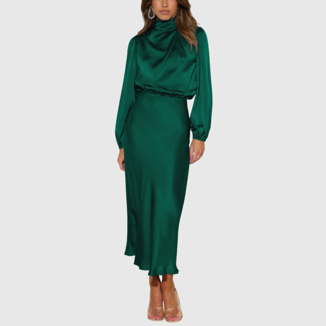 Women's Satin Maxi Dress with High-Neck Draping for Evening