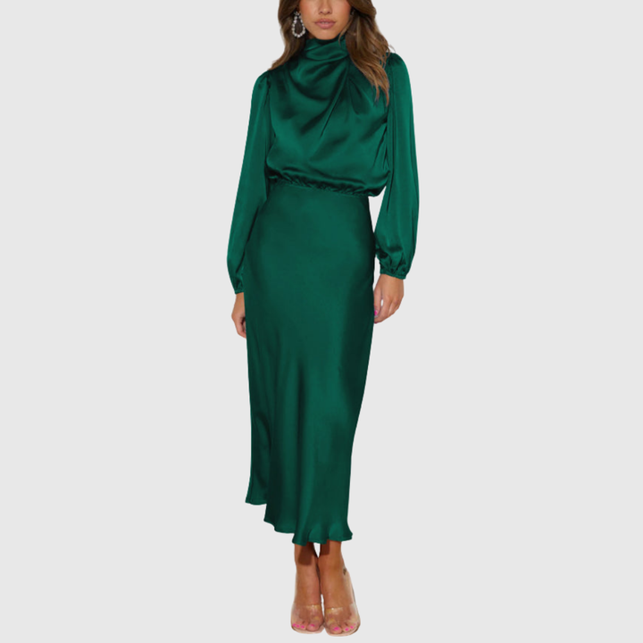 Women's Satin Maxi Dress with High-Neck Draping for Evening