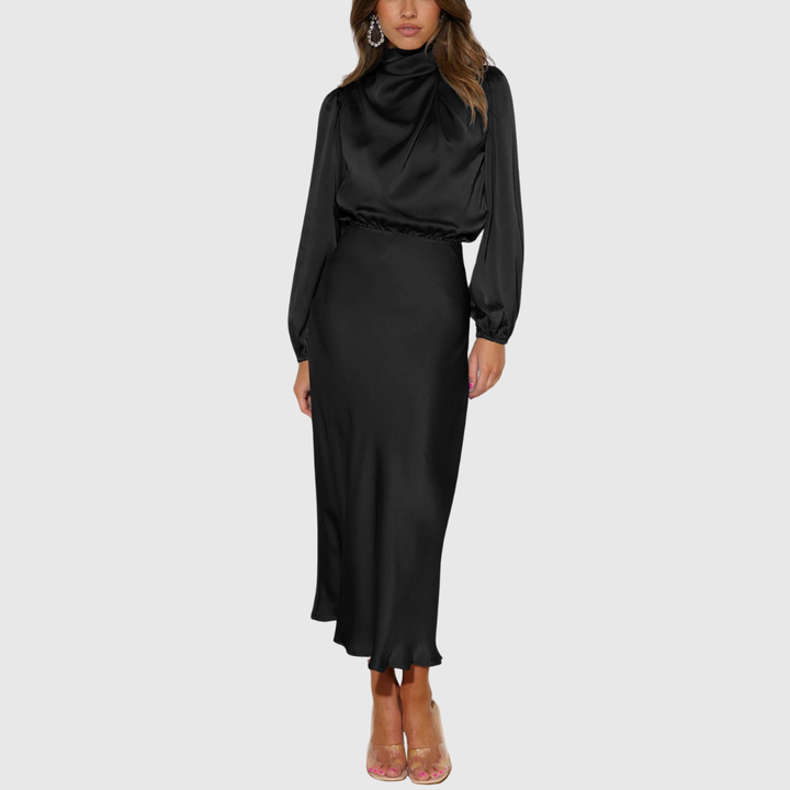 Women's Satin Maxi Dress with High-Neck Draping for Evening