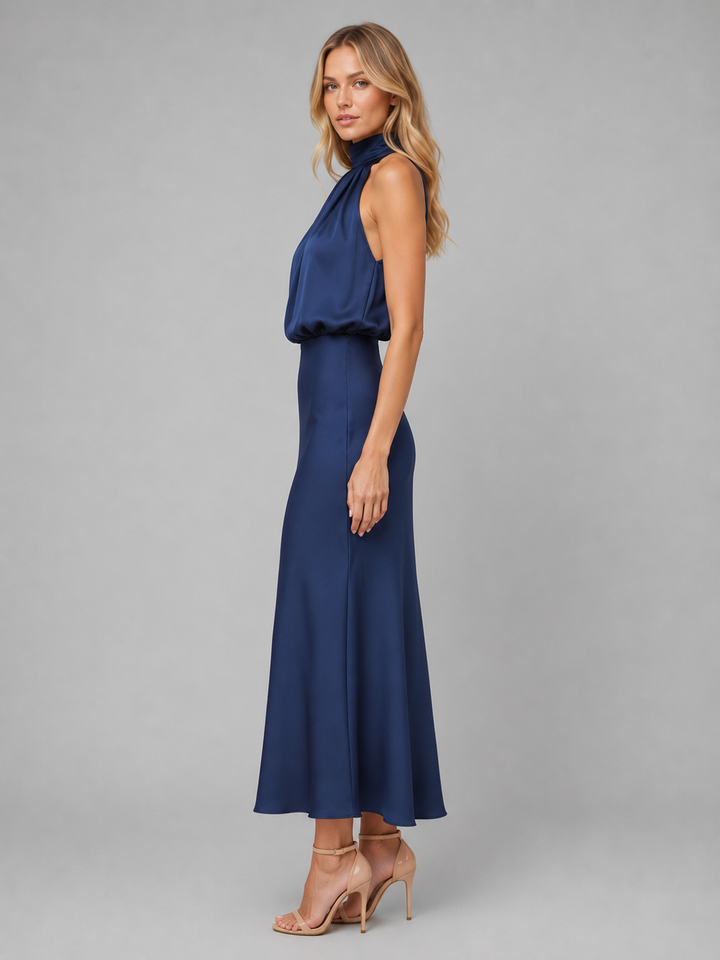 Women’s Satin Midi Dress with High Neck