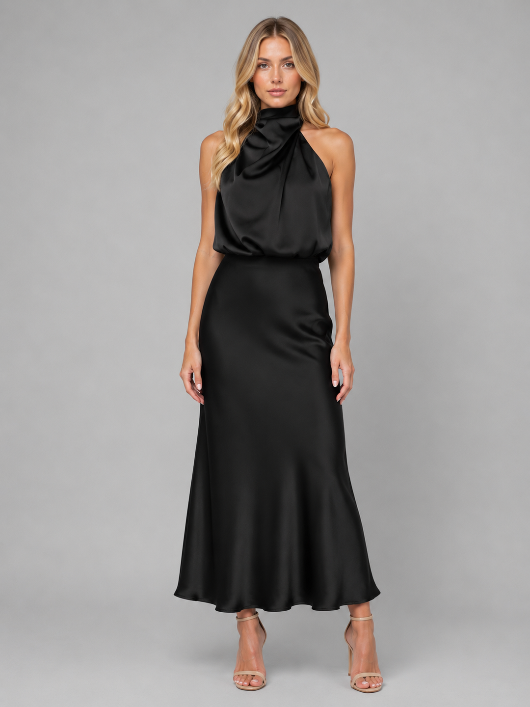 Women’s Satin Midi Dress with High Neck