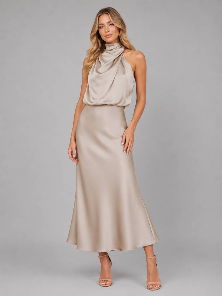 Women’s Satin Midi Dress with High Neck